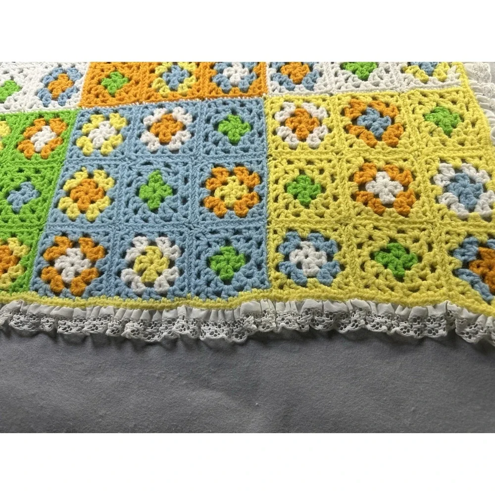Handmade Crochet Knit Flower Blanket Eyelet Yellow Blue Green Afghan Baby 28x40